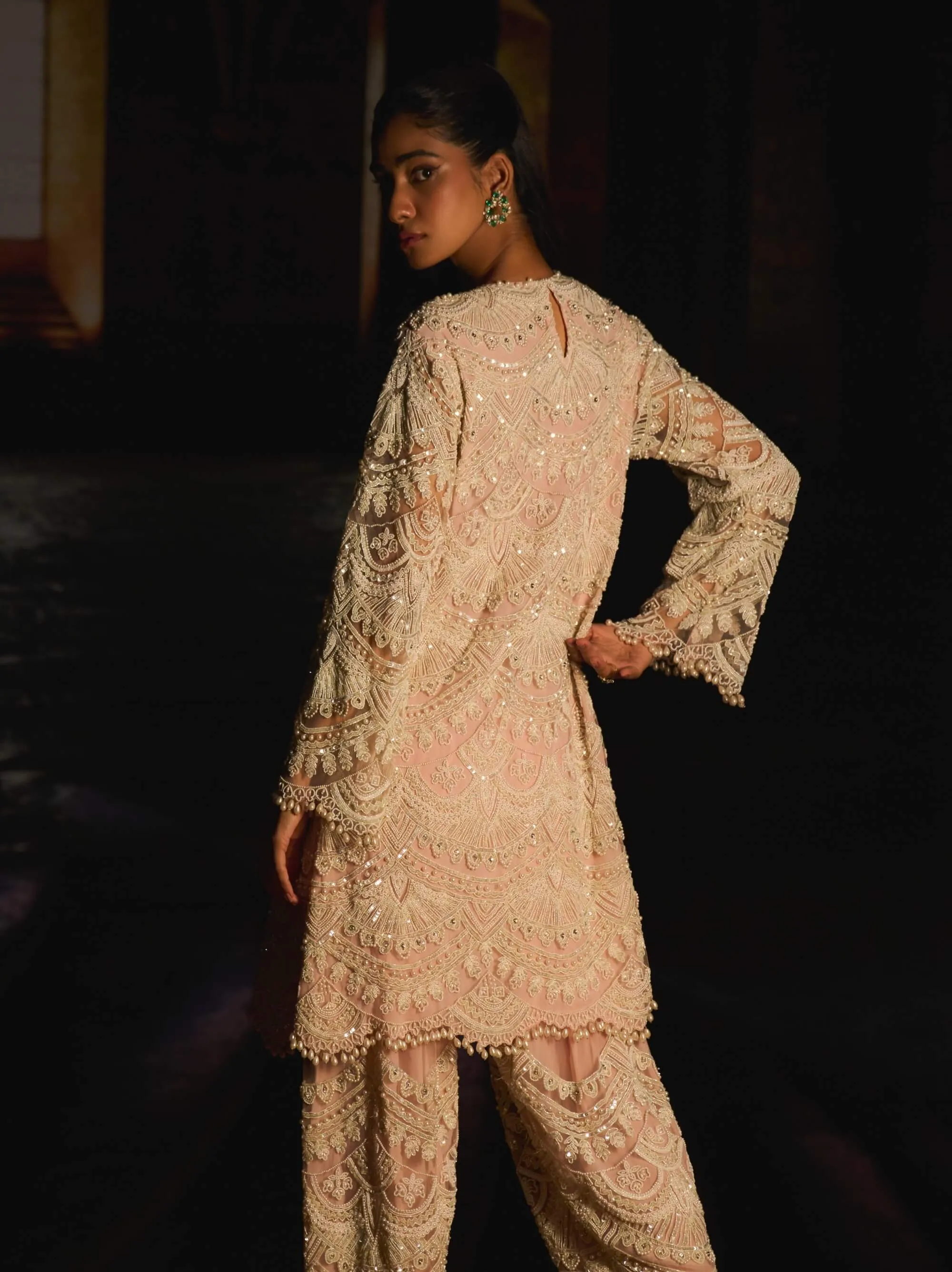 Meline pearled pink embroidered kurta set