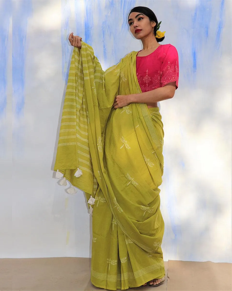 Melody Of Parrots Handblockprinted Cotton Saree-Skd