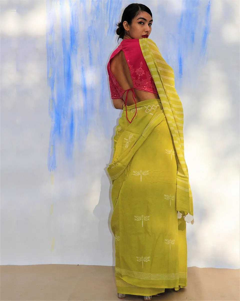 Melody Of Parrots Handblockprinted Cotton Saree-Skd