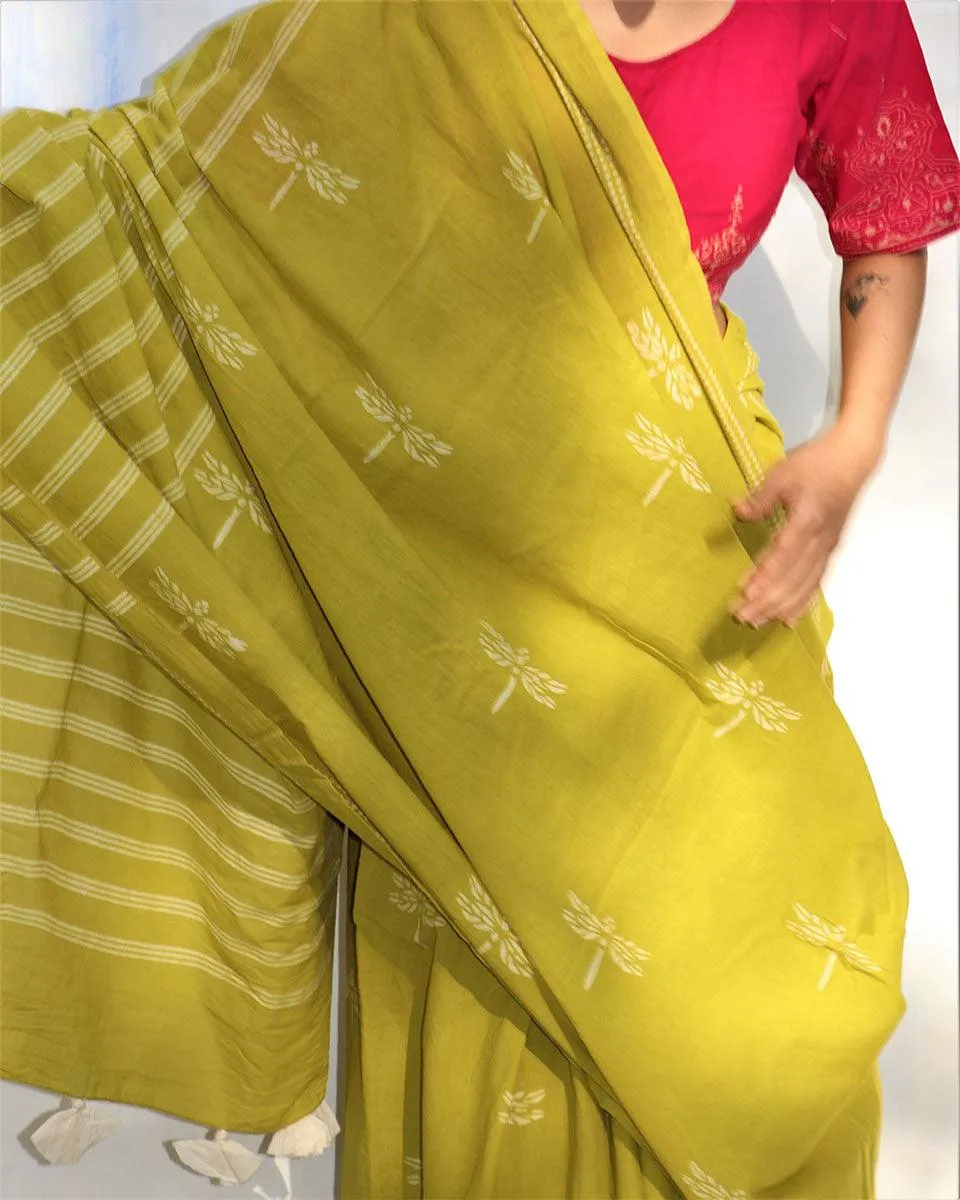 Melody Of Parrots Handblockprinted Cotton Saree-Skd