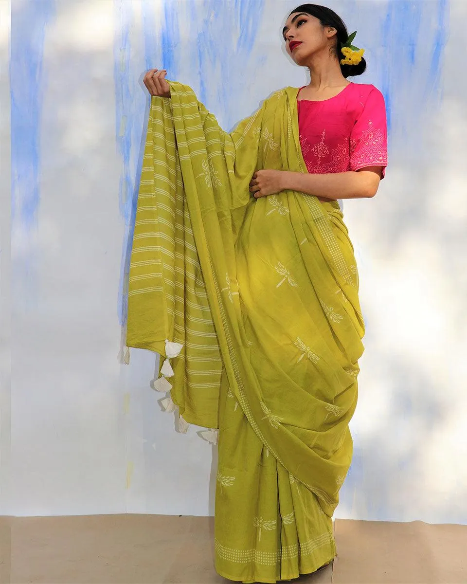 Melody Of Parrots Handblockprinted Cotton Saree-Skd