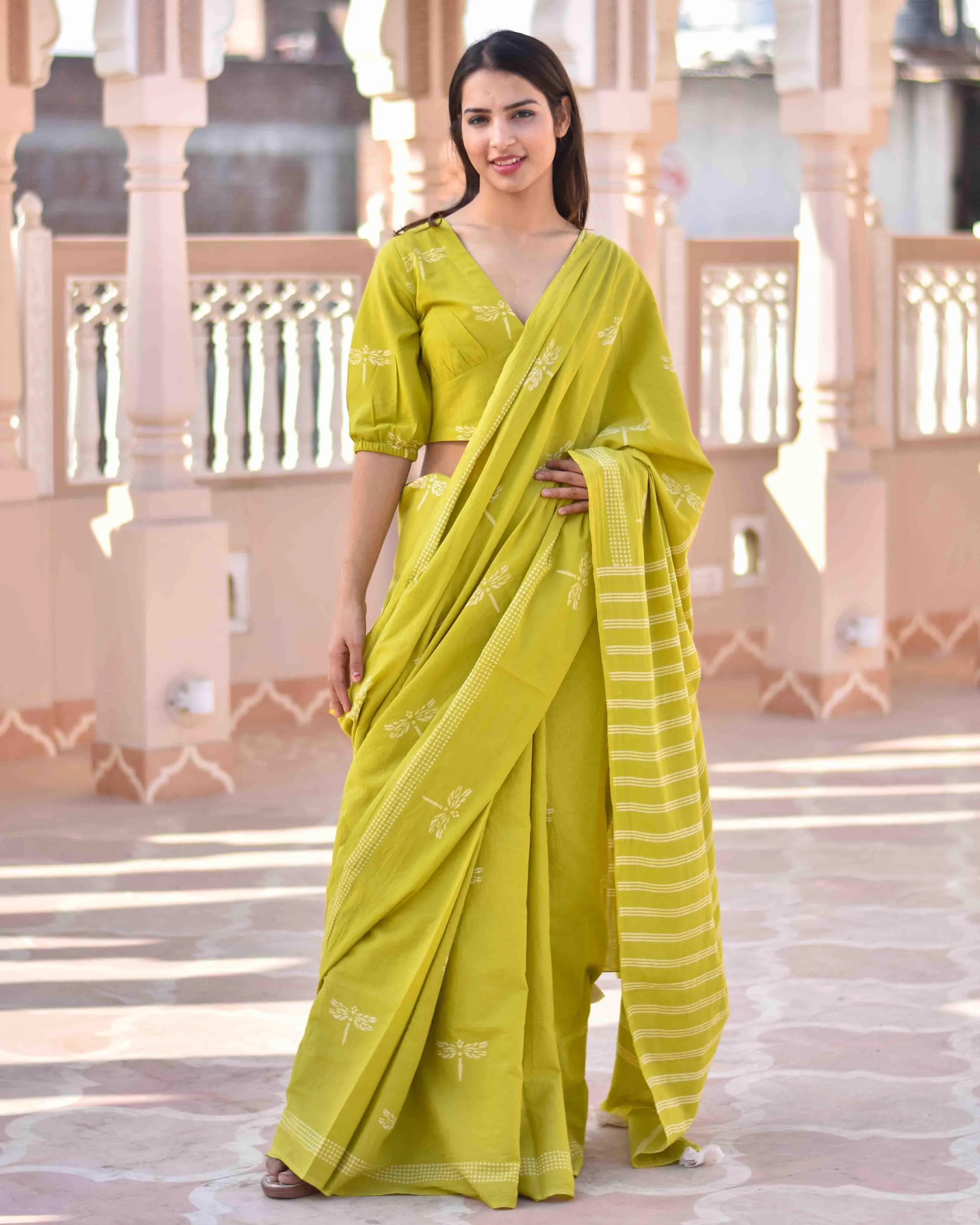 Melody Of Parrots Handblockprinted Cotton Saree-Skd