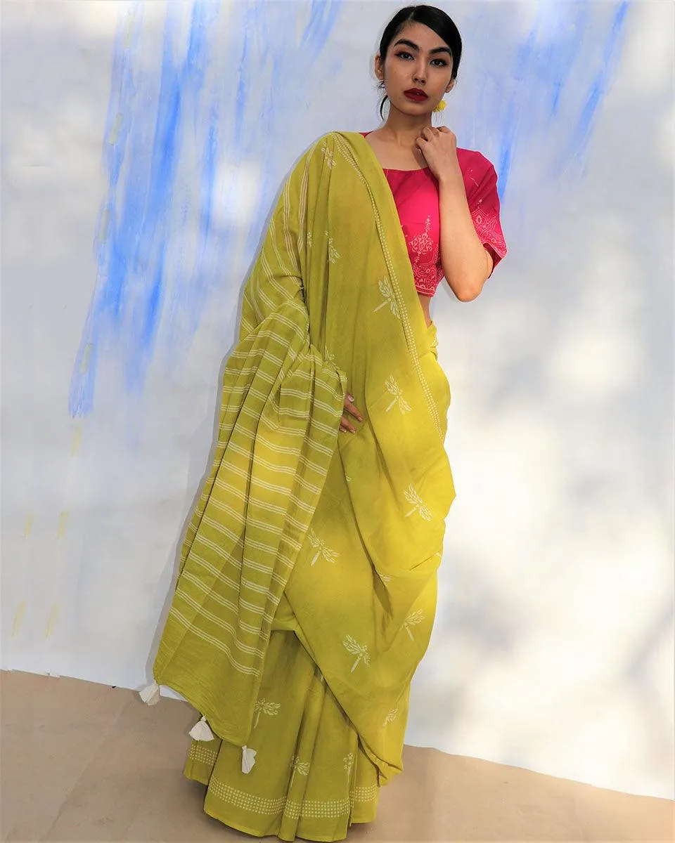 Melody Of Parrots Handblockprinted Cotton Saree-Skd