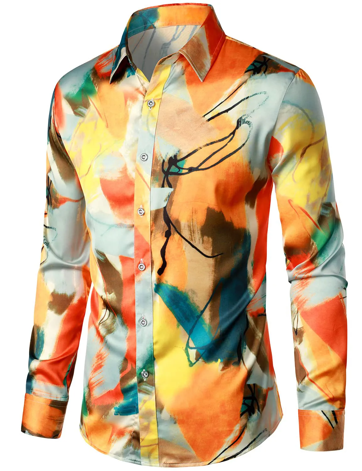 Men's Abstract Print Casual Long Sleeve Button Up Dress Shirt