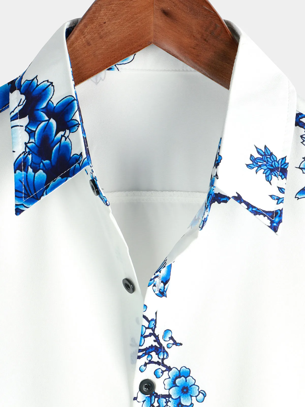 Men's Blue Floral Printed Button Up Casual Short Sleeve Shirt