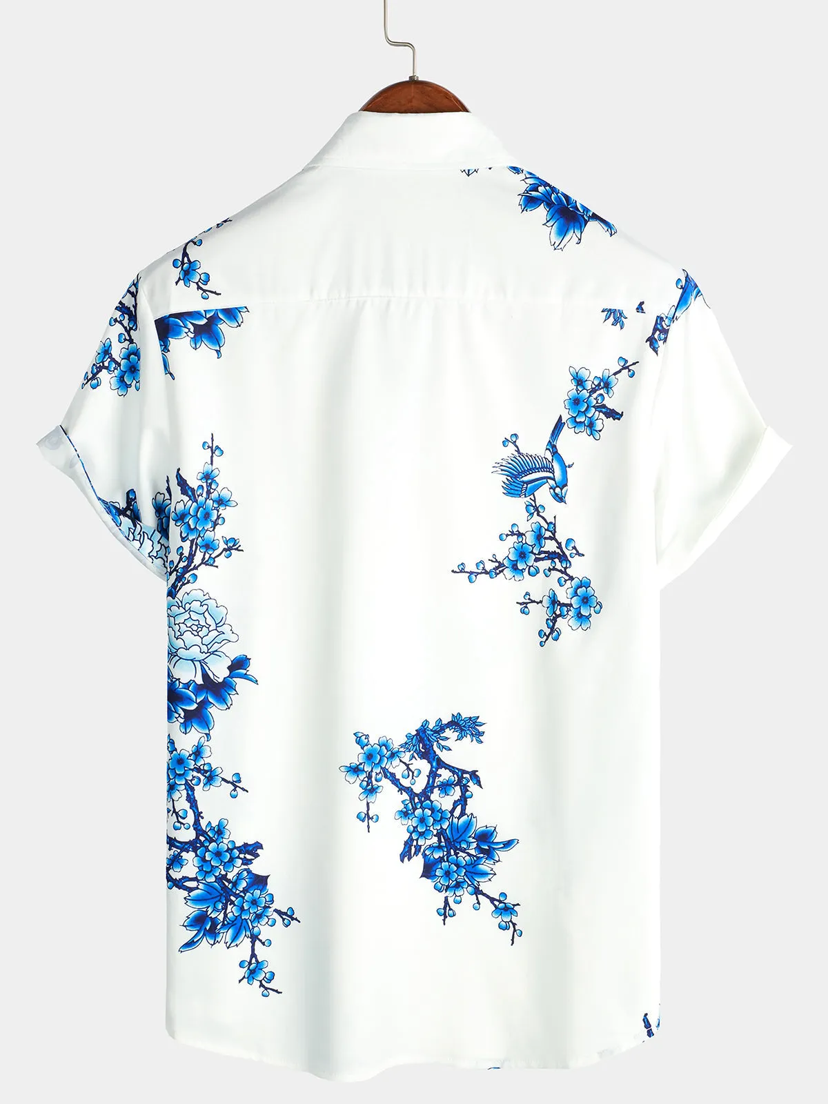 Men's Blue Floral Printed Button Up Casual Short Sleeve Shirt