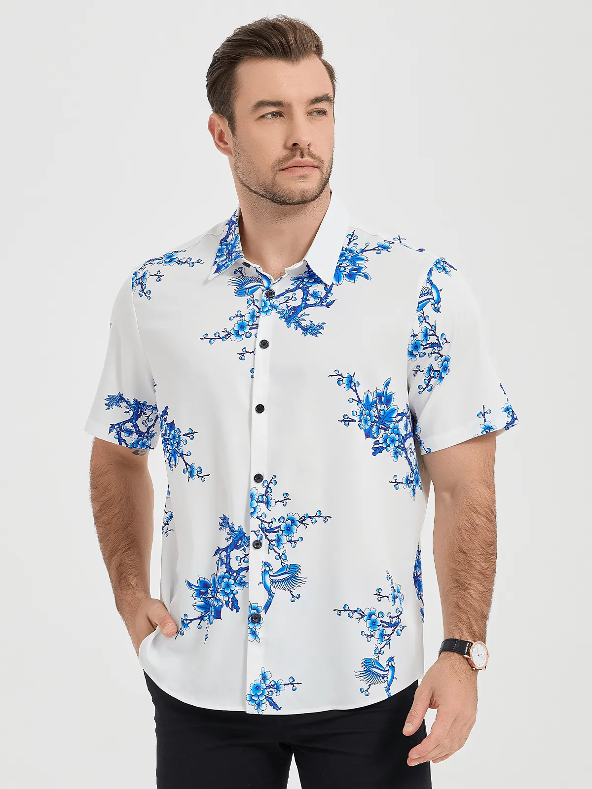 Men's Blue Floral Printed Button Up Casual Short Sleeve Shirt