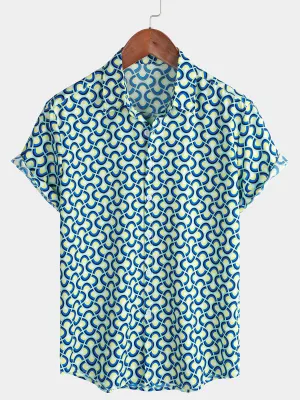 Men's Casual Holiday Geometrie Summer Short Sleeve Blue Button Up Shirt
