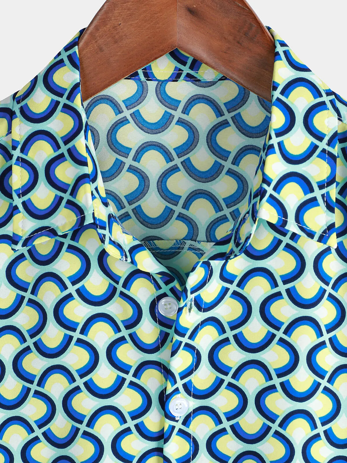 Men's Casual Holiday Geometrie Summer Short Sleeve Blue Button Up Shirt