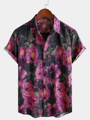 Men's Casual Holiday Retro Floral Button Up Short Sleeve Shirt
