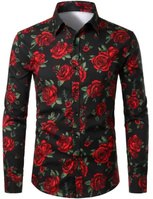 Men's Casual Rose Black Long Sleeve Button Up Shirt