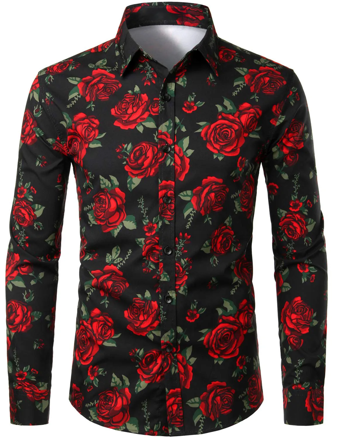 Men's Casual Rose Black Long Sleeve Button Up Shirt