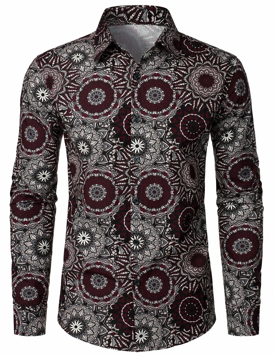 Men's Casuual Mandala Print Cotton Long Sleeve Button Up Dress Shirt