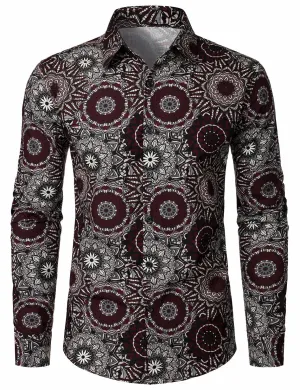 Men's Casuual Mandala Print Cotton Long Sleeve Button Up Dress Shirt