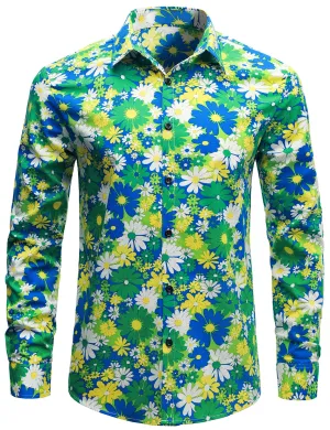 Men's Cotton Green Floral Button Up Long Sleeve Shirt