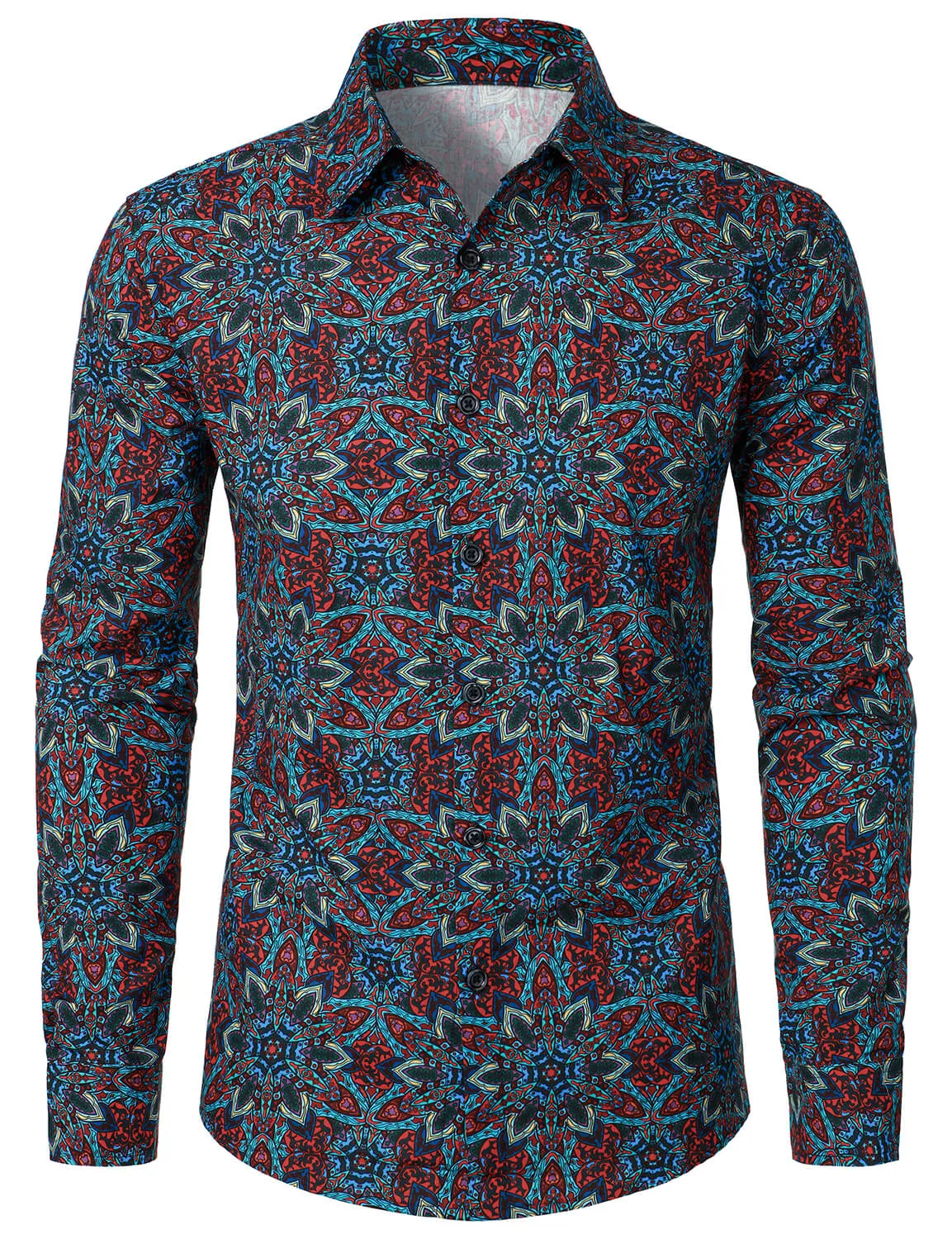 Men's Cotton Mandala Print Button Up Long Sleeve Dress Shirt