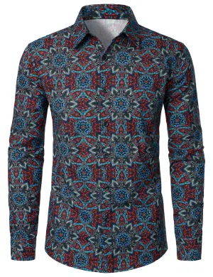 Men's Cotton Mandala Print Button Up Long Sleeve Dress Shirt