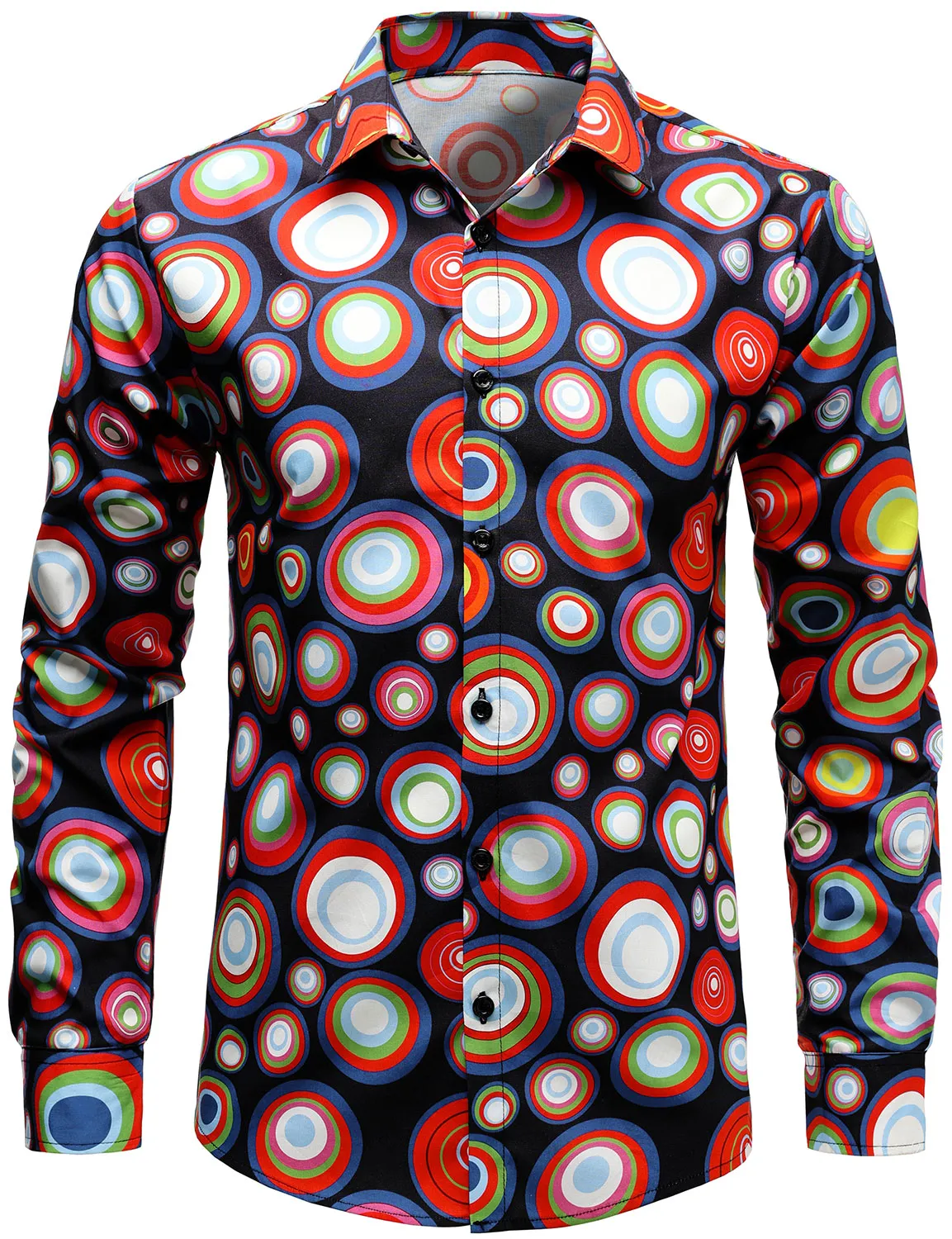 Men's Cotton Vintage Circle Print Long Sleeve Button Up Shirt
