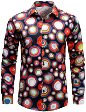 Men's Cotton Vintage Circle Print Long Sleeve Button Up Shirt