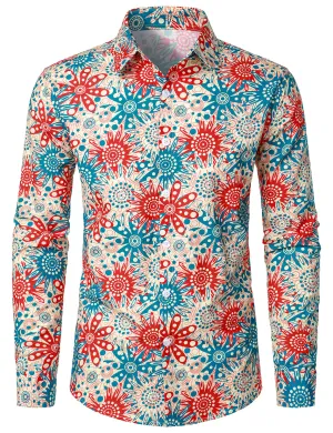 Men's Floral Print Cotton Button Up Long Sleeve Dress Shirt
