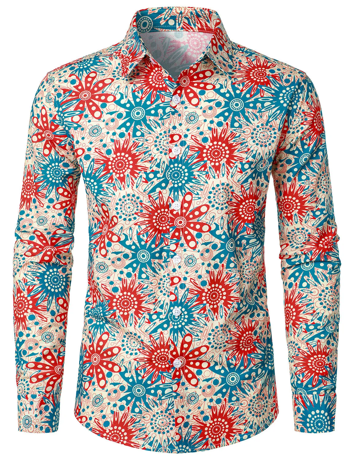 Men's Floral Print Cotton Button Up Long Sleeve Dress Shirt