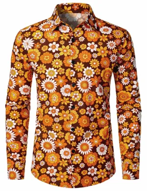 Men's Floral Vintage Button Up 70s Themed Disco Party Long Sleeve Shirt