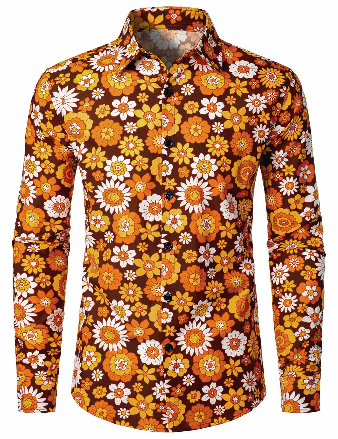 Men's Floral Vintage Button Up 70s Themed Disco Party Long Sleeve Shirt