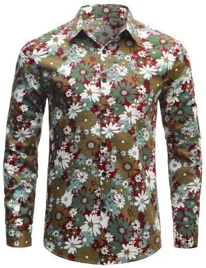 Men's Khaki Floral Cotton Button Up Long Sleeve Shirt