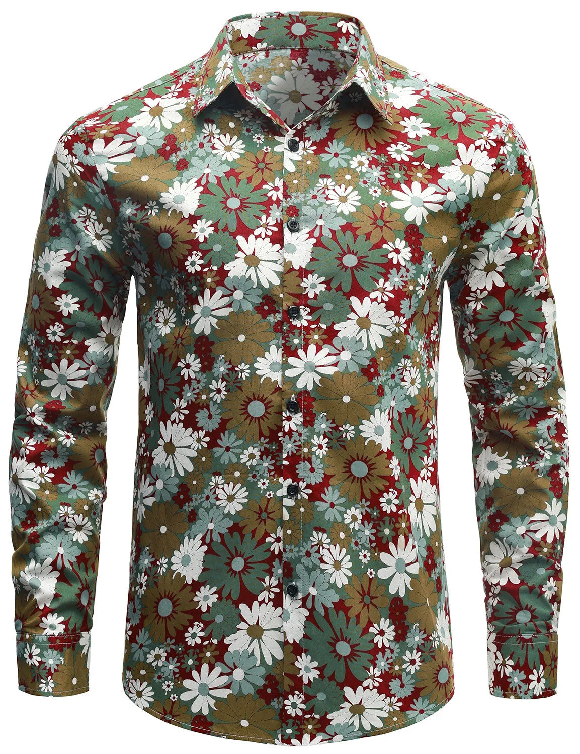 Men's Khaki Floral Cotton Button Up Long Sleeve Shirt