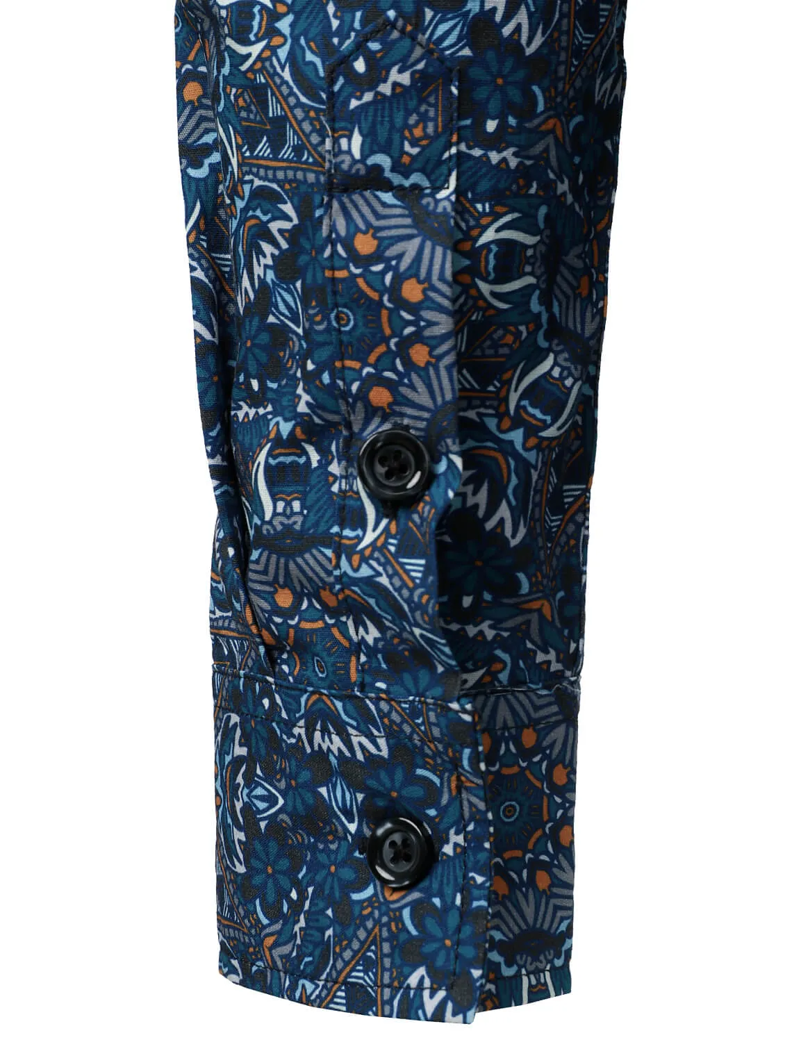 Men's Mandala Print Cotton Blue Long Sleeve Button Up Dress Shirt