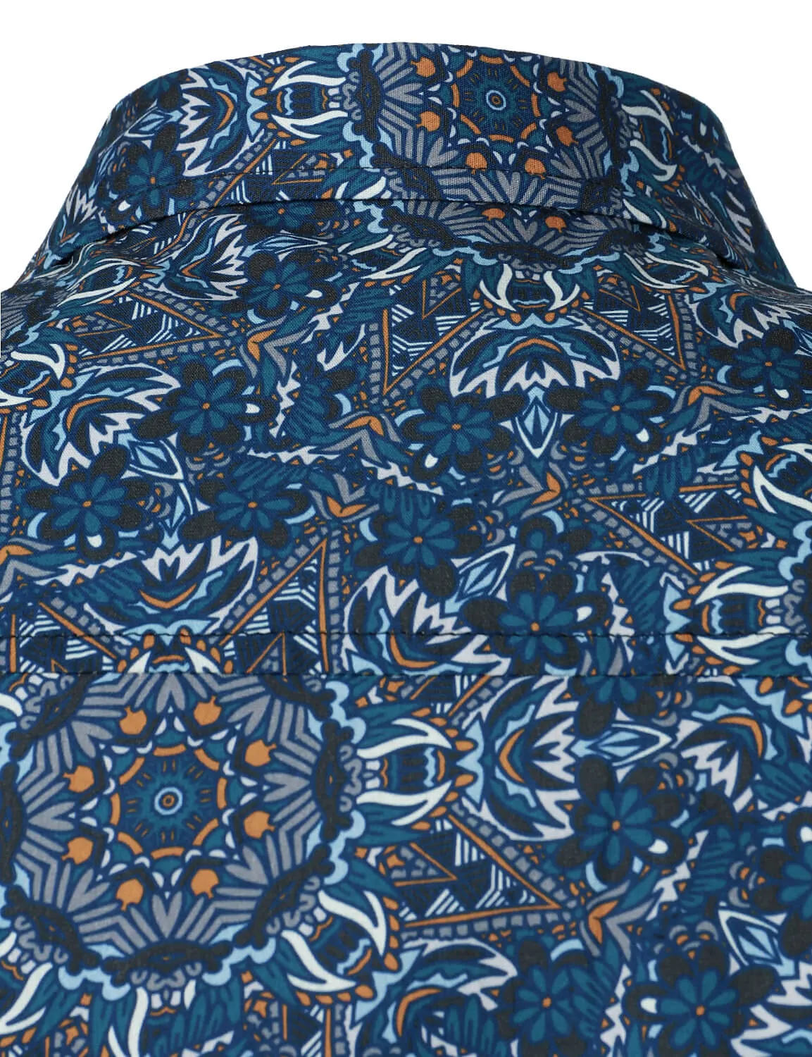 Men's Mandala Print Cotton Blue Long Sleeve Button Up Dress Shirt
