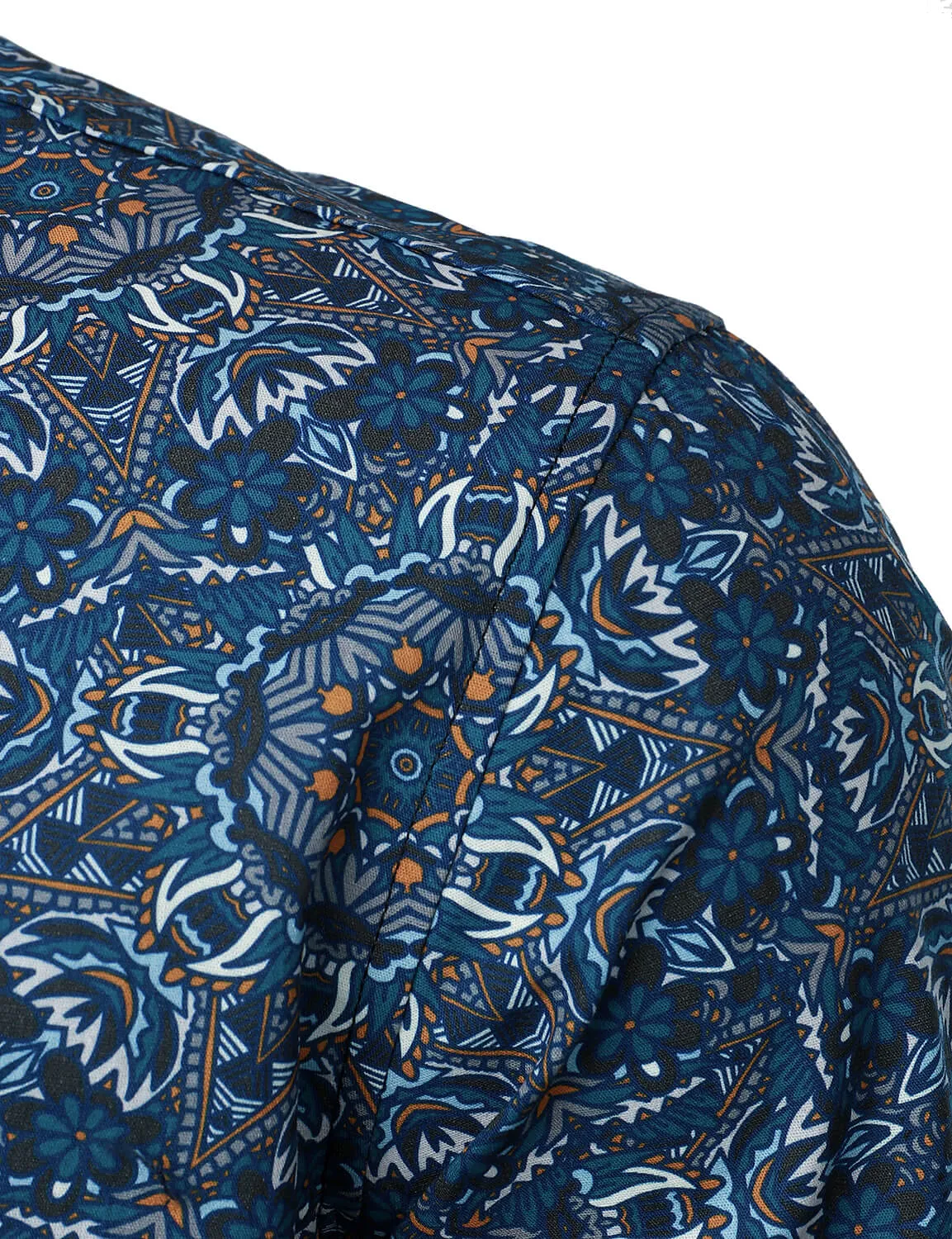 Men's Mandala Print Cotton Blue Long Sleeve Button Up Dress Shirt