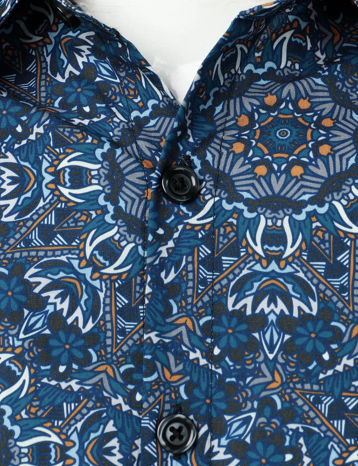 Men's Mandala Print Cotton Blue Long Sleeve Button Up Dress Shirt