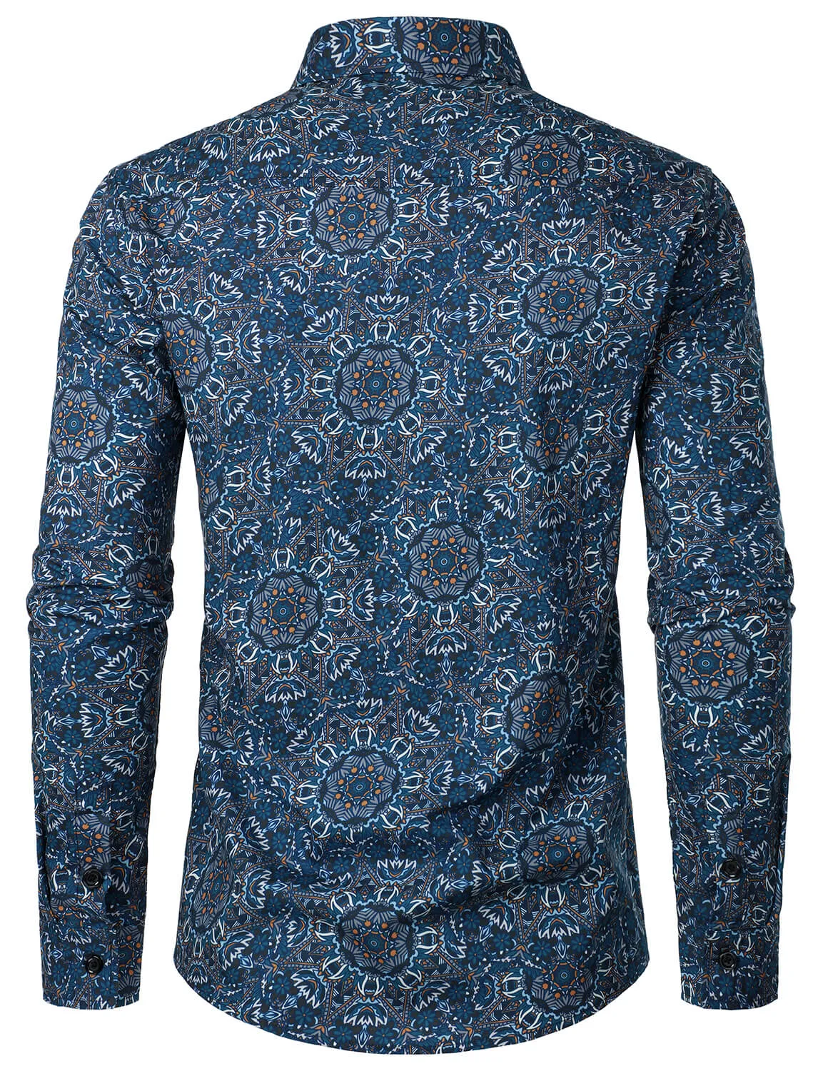 Men's Mandala Print Cotton Blue Long Sleeve Button Up Dress Shirt