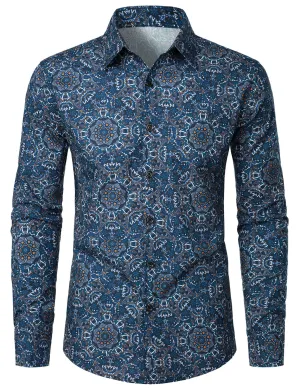 Men's Mandala Print Cotton Blue Long Sleeve Button Up Dress Shirt