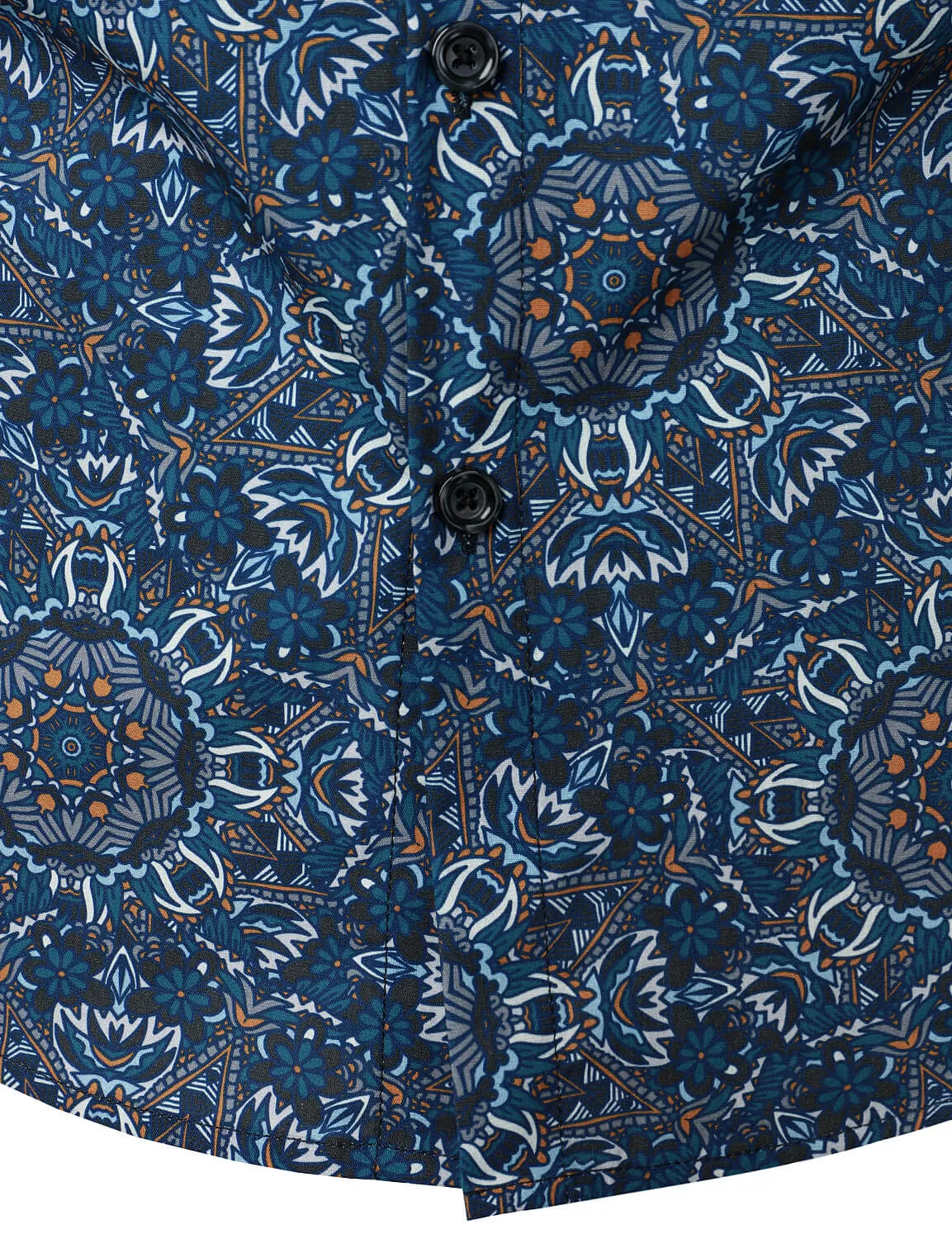 Men's Mandala Print Cotton Blue Long Sleeve Button Up Dress Shirt