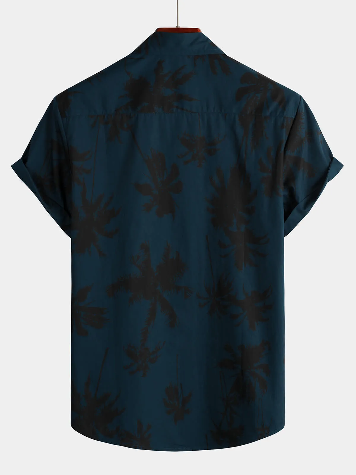 Men's Palm Tree Print 100% Cotton Navy Blue Short Sleeve Hawaiian Collared Shirt