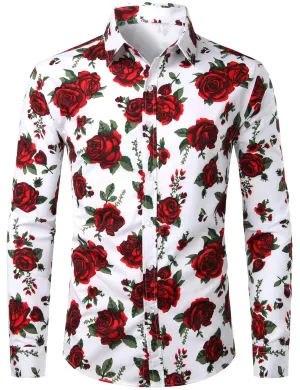 Men's Red Rose Casual Button Long Sleeve Shirt