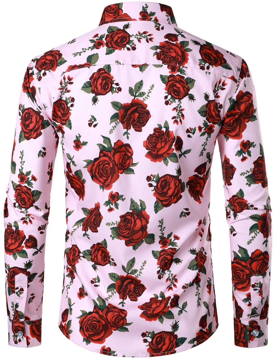Men's Rose Print Pink Casual Button Long Sleeve Shirt