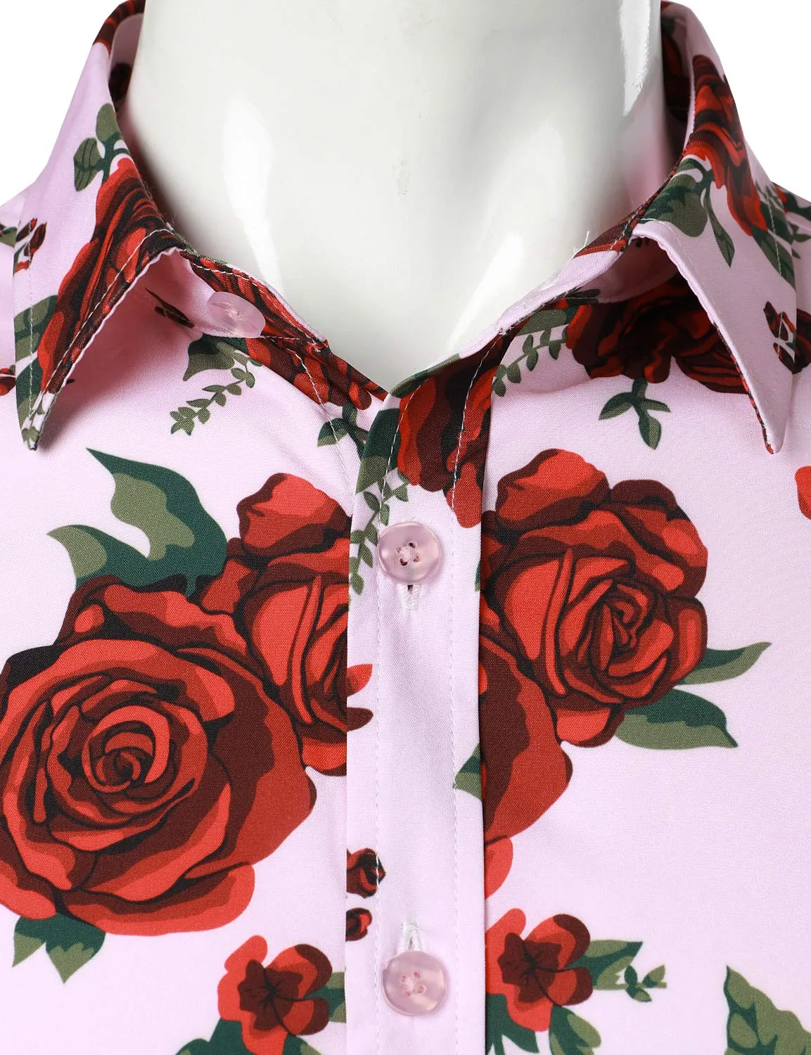 Men's Rose Print Pink Casual Button Long Sleeve Shirt