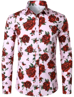 Men's Rose Print Pink Casual Button Long Sleeve Shirt