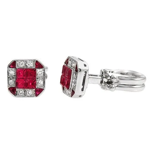 Men's Ruby & Diamond Cufflinks In 18k White Gold