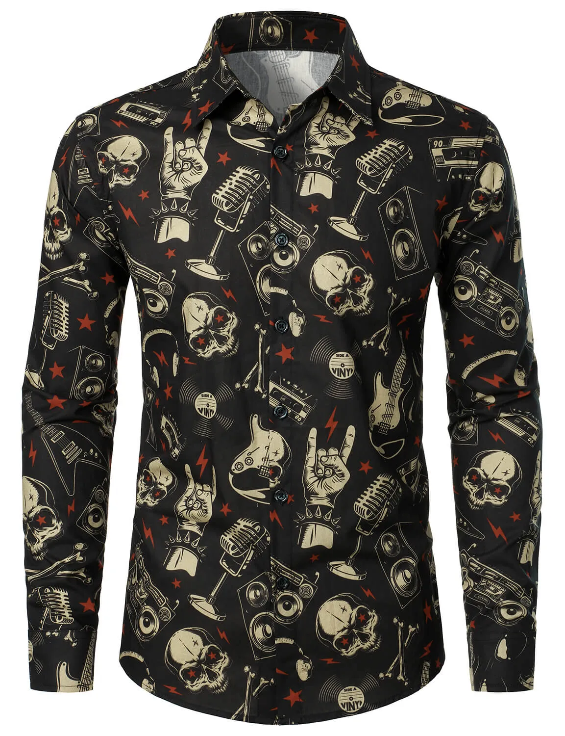 Men's Skull Music Punk Rock and Roll Cool Funny Long Sleeve Shirt