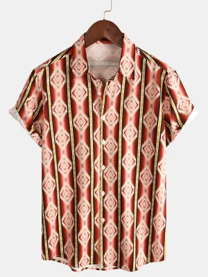Men's Striped Casual Holiday Short Sleeve Orange Summer Button Up Shirt