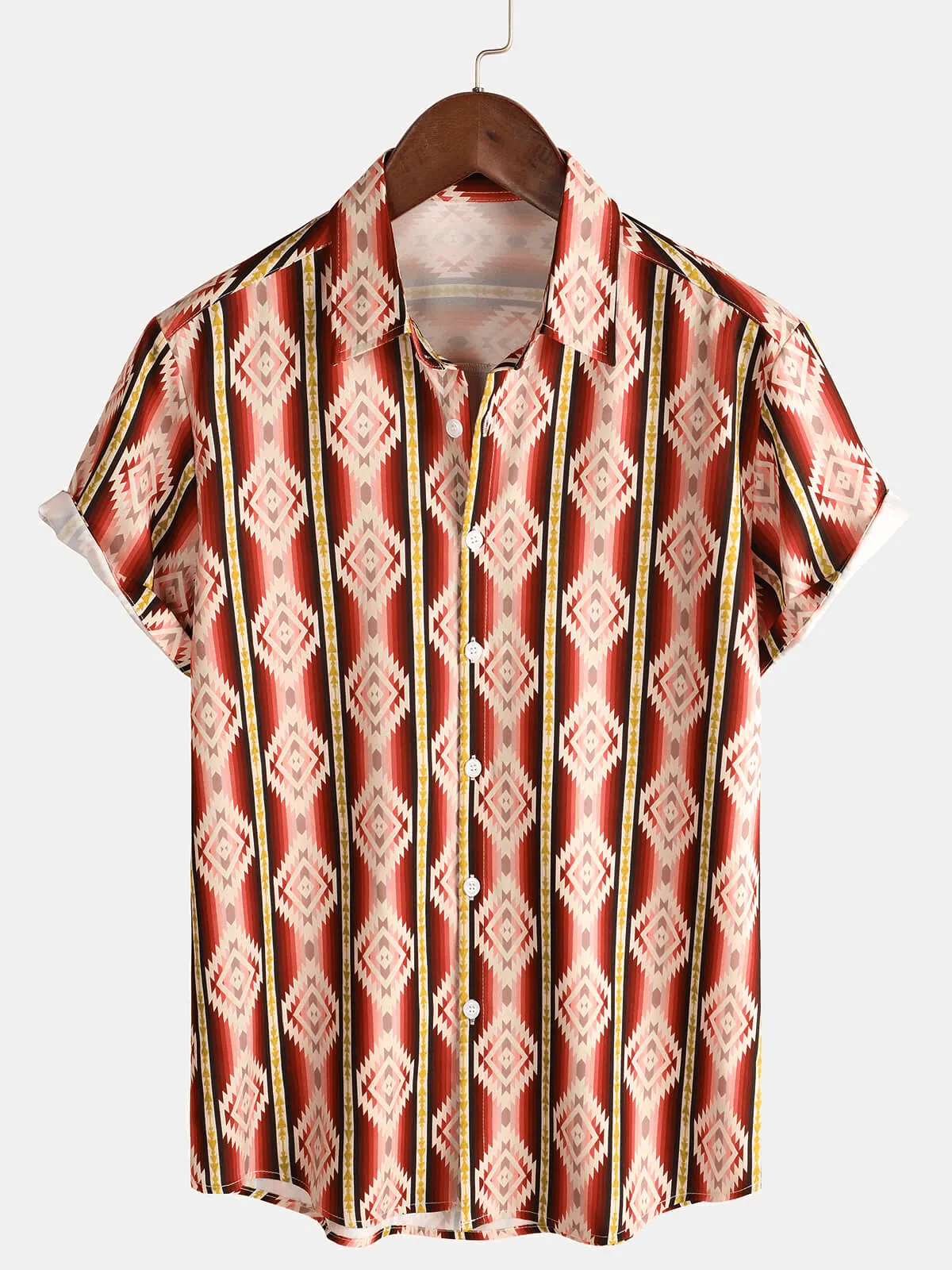 Men's Striped Casual Holiday Short Sleeve Orange Summer Button Up Shirt