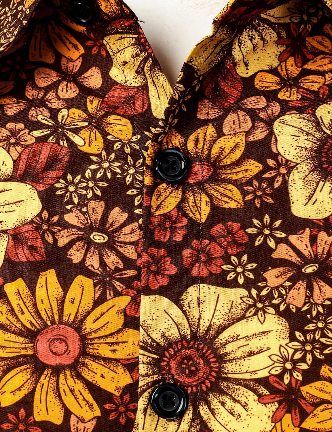 Men's Vintage Floral Button Up 70s Long Sleeve Retro Brown Shirt