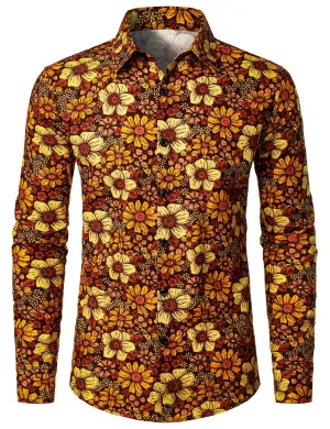 Men's Vintage Floral Button Up 70s Long Sleeve Retro Brown Shirt