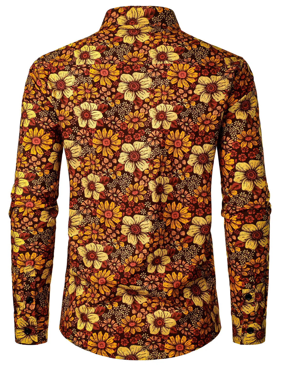 Men's Vintage Floral Button Up 70s Long Sleeve Retro Brown Shirt