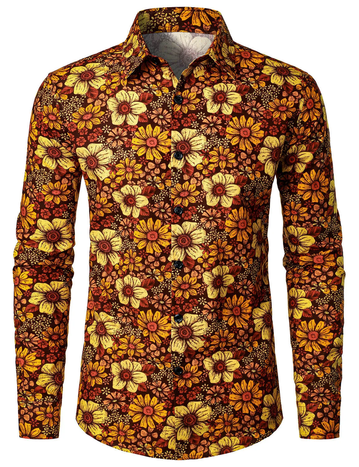 Men's Vintage Floral Button Up 70s Long Sleeve Retro Brown Shirt