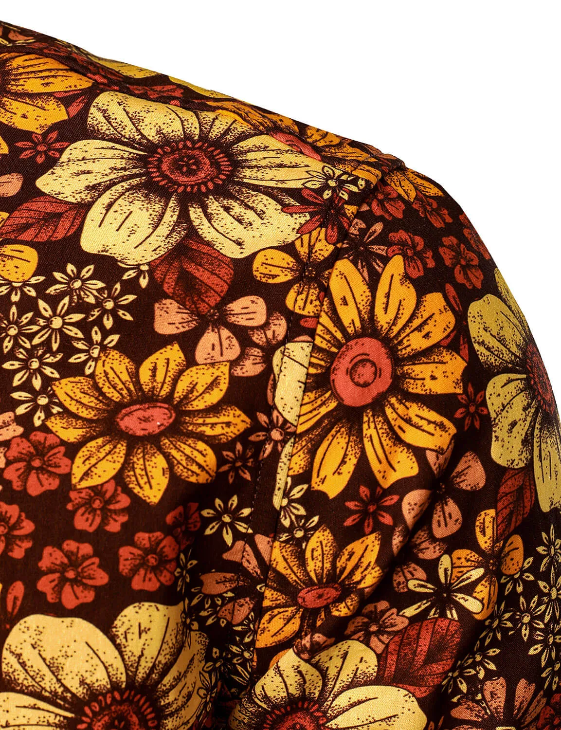 Men's Vintage Floral Button Up 70s Long Sleeve Retro Brown Shirt